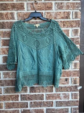 Democracy Teal Crochet Lace Boxy Blouse